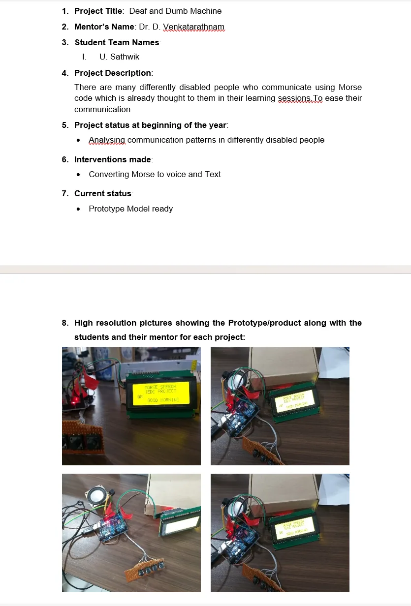Original supplied project record for Deaf and Dumb Machine — page 1