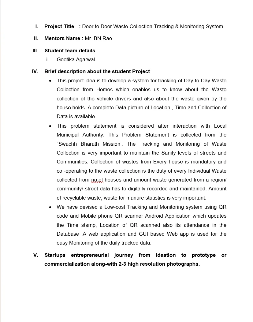 Original supplied project record for Door-to-Door Waste Collection Tracking & Monitoring System — page 1
