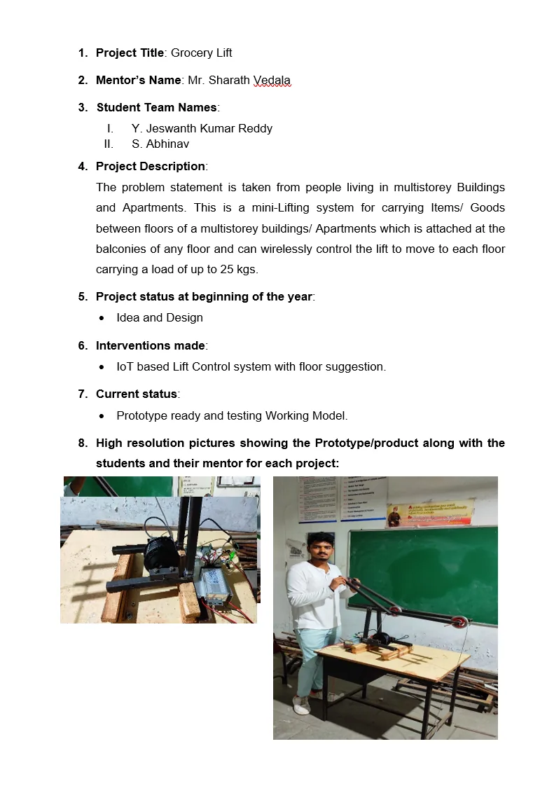 Original supplied project record for Grocery Lift — page 1