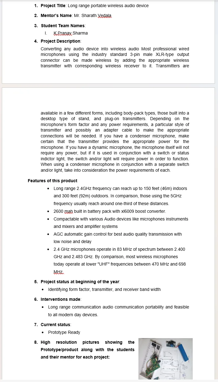 Original supplied project record for Long-Range Portable Wireless Audio Device — page 1