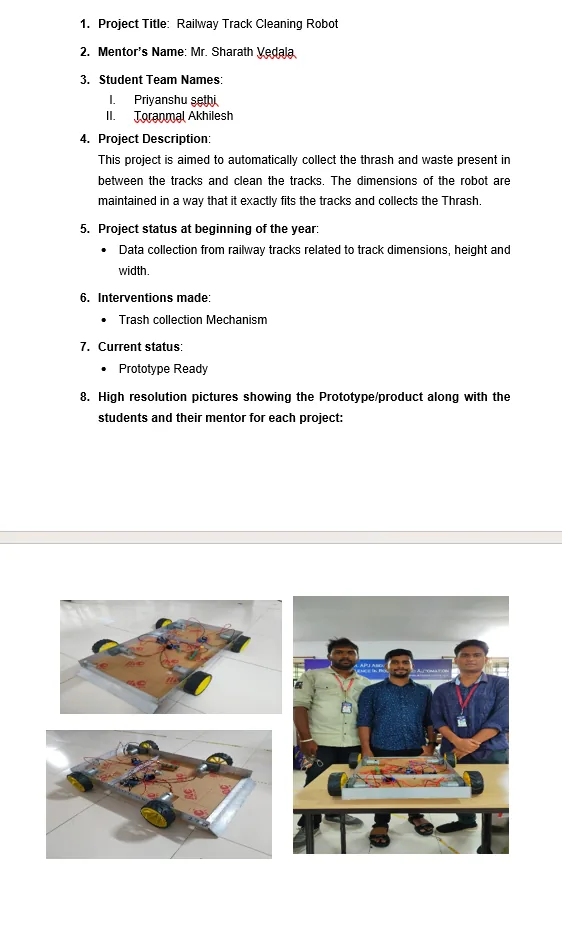 Original supplied project record for Railway Track Cleaning Robot — page 1