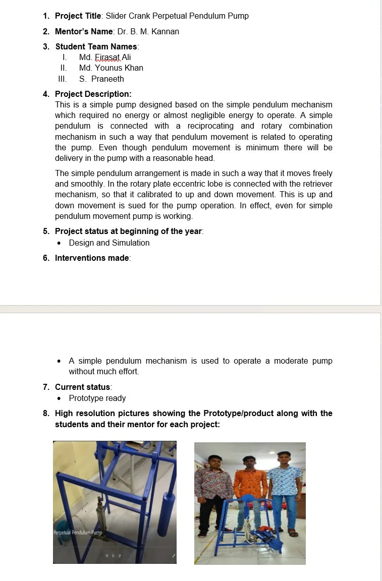 Original supplied project record for Slider Crank Perpetual Pendulum Pump — page 1