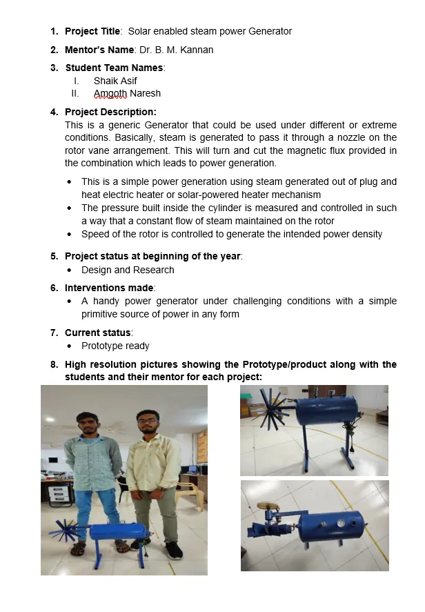 Original supplied project record for Solar-Enabled Steam Power Generator — page 1