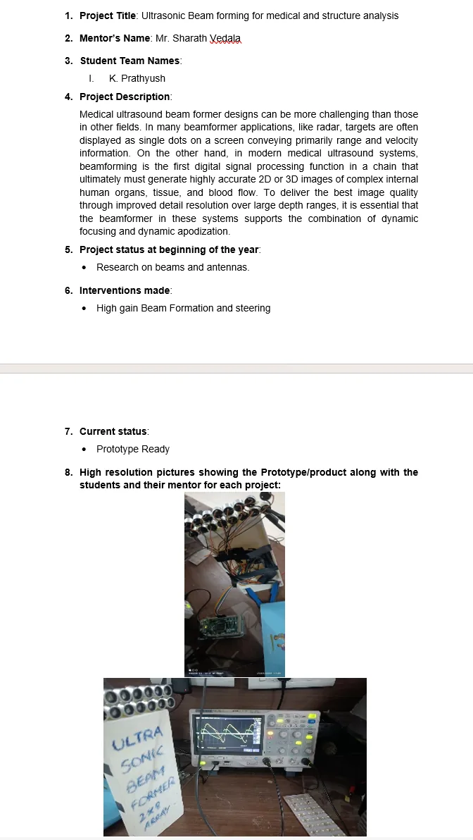 Original supplied project record for Ultrasonic Beam Forming for Medical and Structural Analysis — page 1